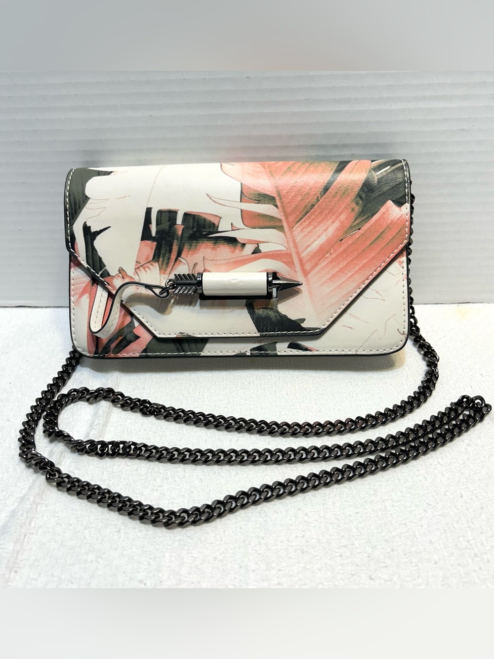 Mackage White Floral Leather Clutch Crossbody Wallet Removable Gunmetal Chain